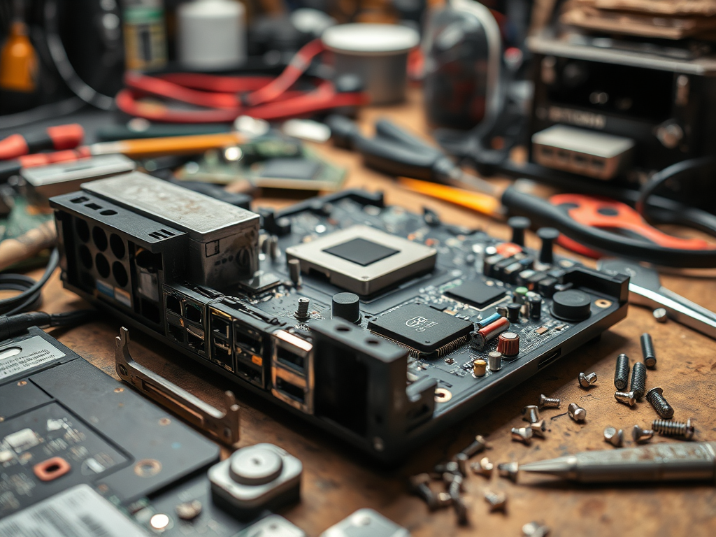 A close-up of a circuit board surrounded by screws and tools on a workbench, showcasing electronic components.