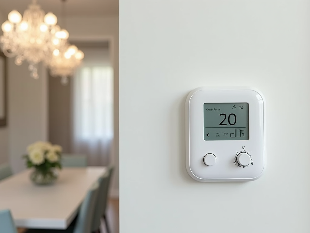 Digital thermostat set to 20 degrees Celsius on a wall, blurred dining room with chandelier in background.