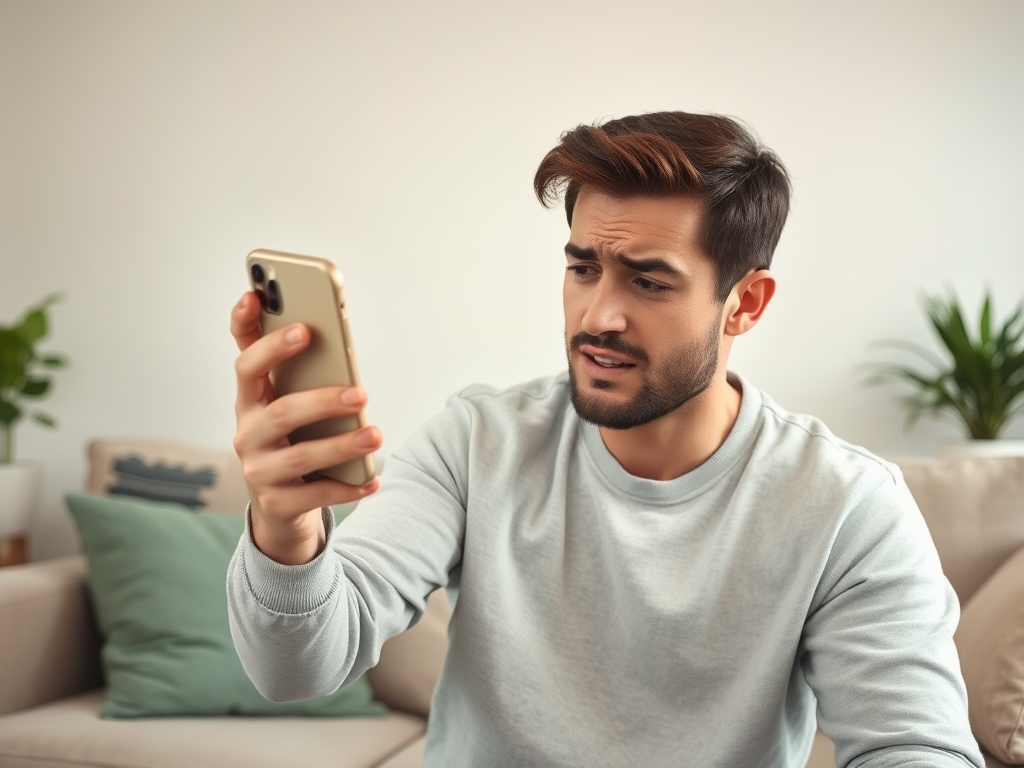 A young man looks confused while checking his smartphone in a cozy living room setting.