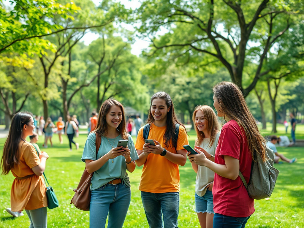 A group of friends is standing together in a park, smiling and looking at their smartphones.