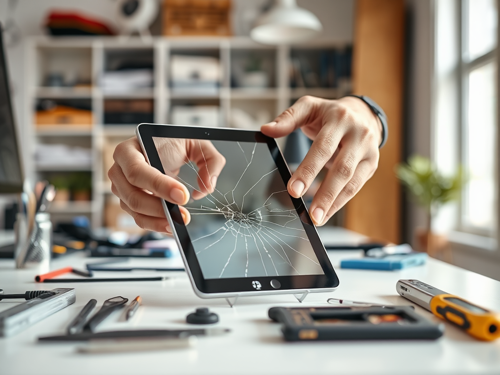 A person examines a cracked tablet screen, surrounded by various tools on a desk.