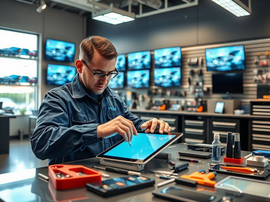 A technician works on a tablet in a repair shop, surrounded by tools and screens displaying tech products.