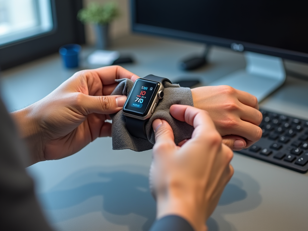 Person cleaning a smartwatch with a cloth at a desk with a computer monitor in the background.