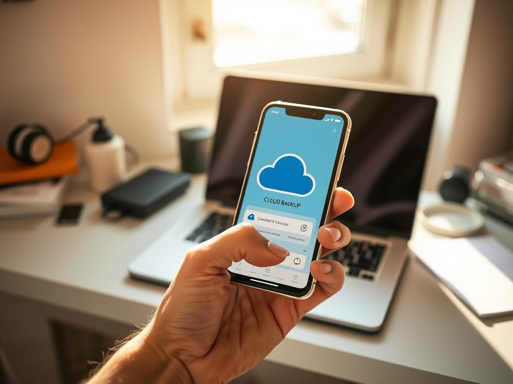 A person holds a smartphone displaying a cloud backup app, with a laptop and desk items in the background.