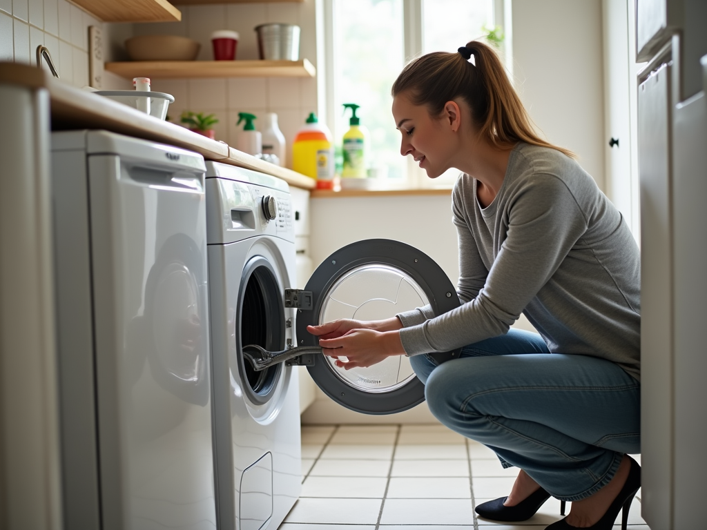 Woman loading laundry into a front-loading washing machine in a bright kitchen.