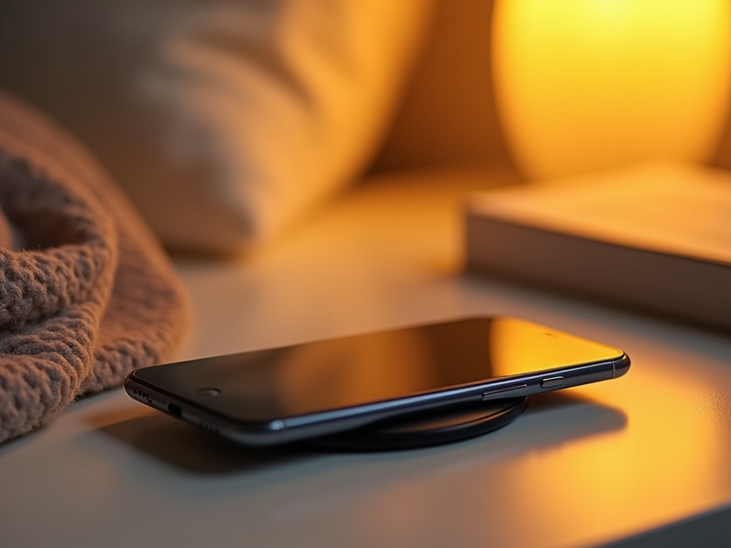 Smartphone on table with soft light glow from lamp, book, and cozy blanket in background.