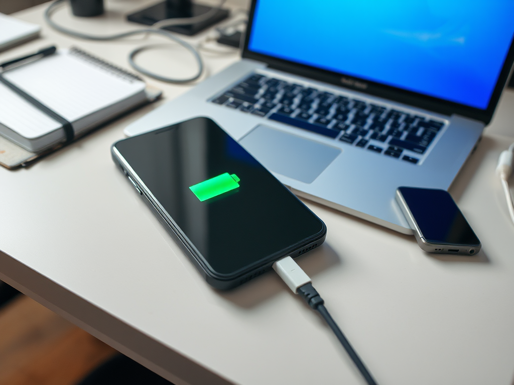 A smartphone charging on a desk beside a laptop, notepad, and another small device. Battery icon shows charging status.