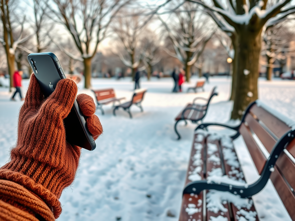 A hand in an orange glove holds a smartphone in a snowy park with benches and distant people.