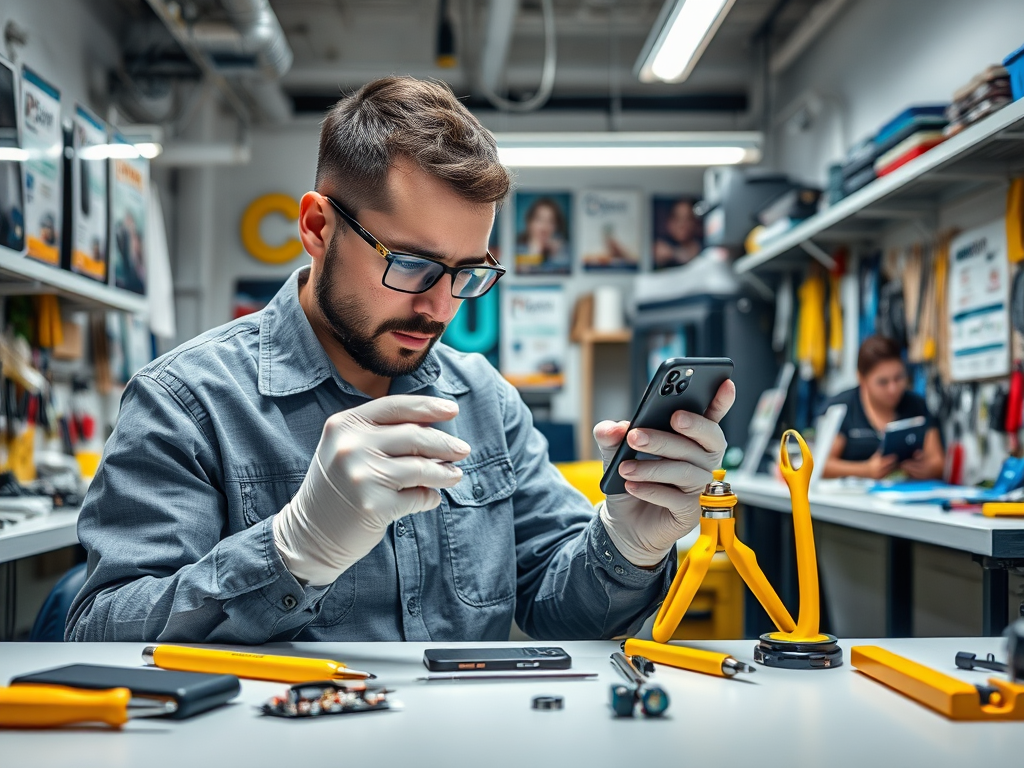 A technician in gloves inspects a smartphone while surrounded by tools in a repair shop.