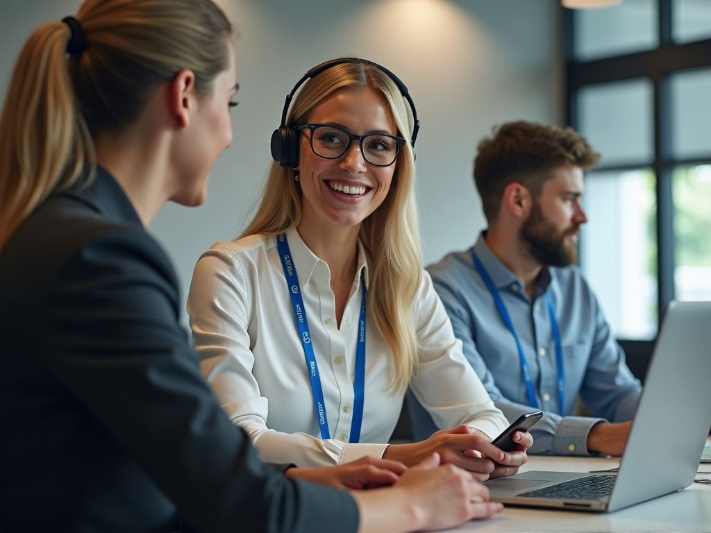 Smiling woman with glasses and headset at a meeting with colleagues in an office.