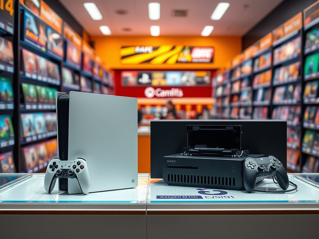 Two gaming consoles are displayed in a vibrant store, with game cases visible in the background.