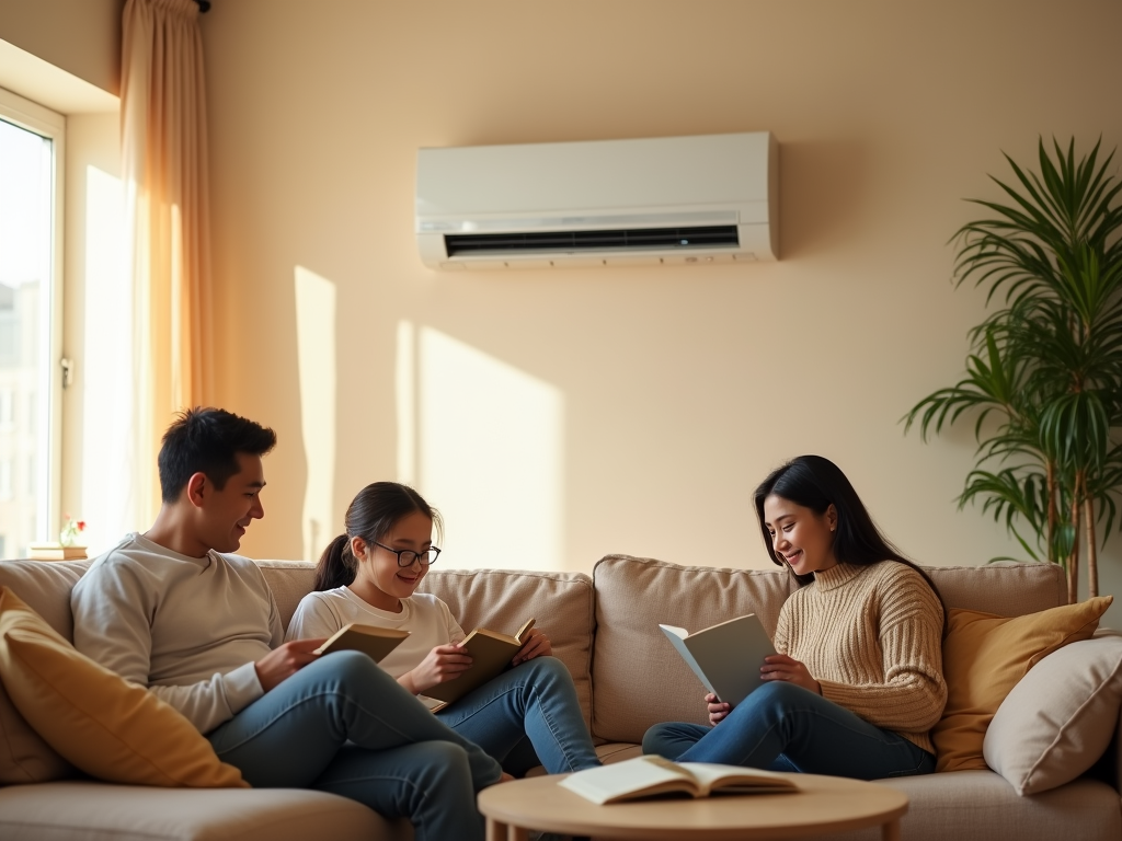 Three people reading and relaxing on a couch in a sunny living room.